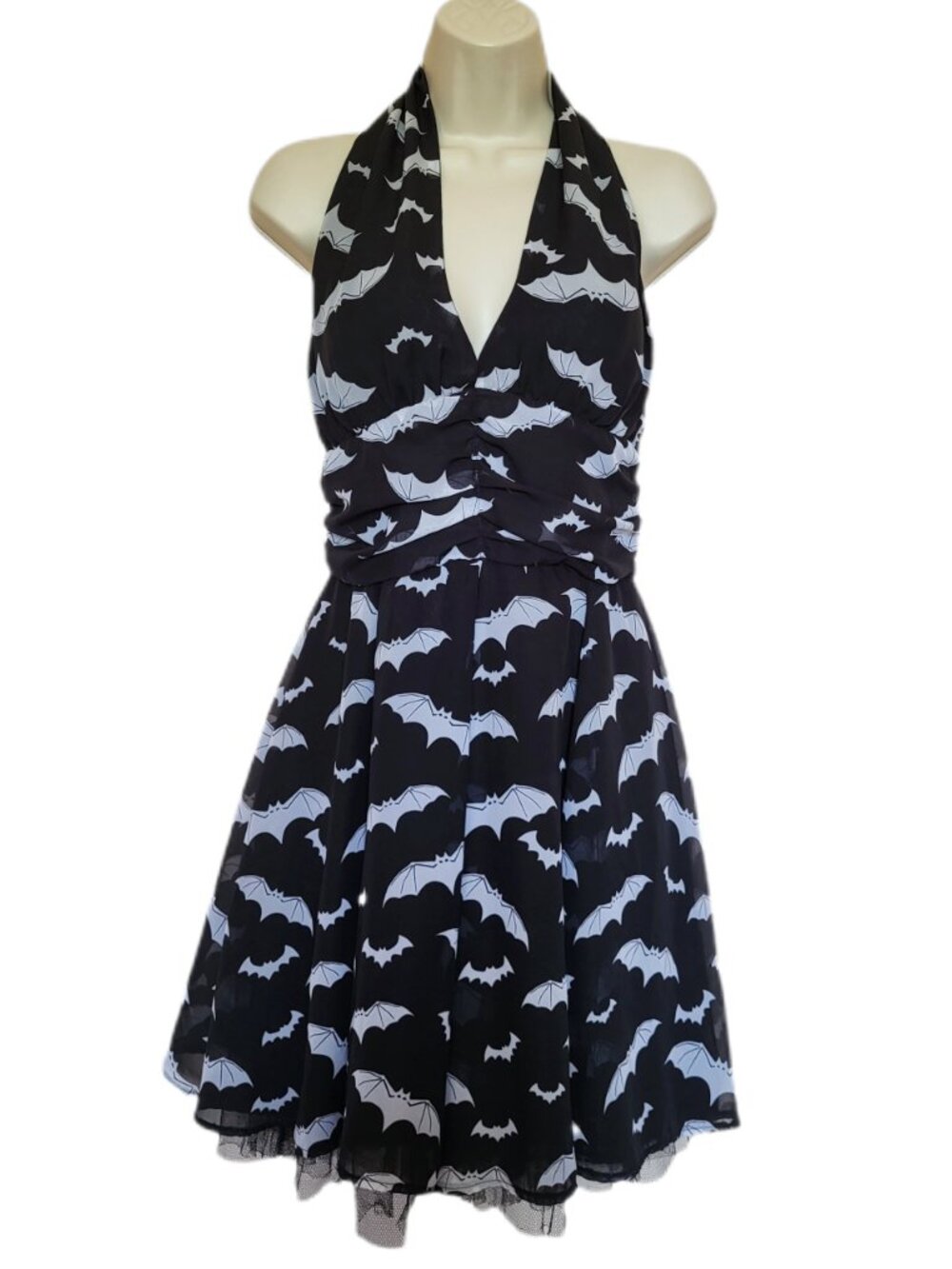 HELL BUNNY Black & White Pin Up Style Bat Print Dress Size Medium
